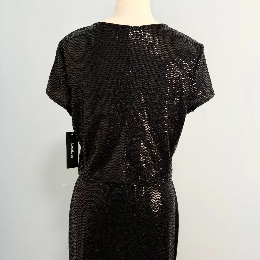 Bebe 2 piece Black Sequin set-cropped short sleeve Top and midi skirt‎ Size XL